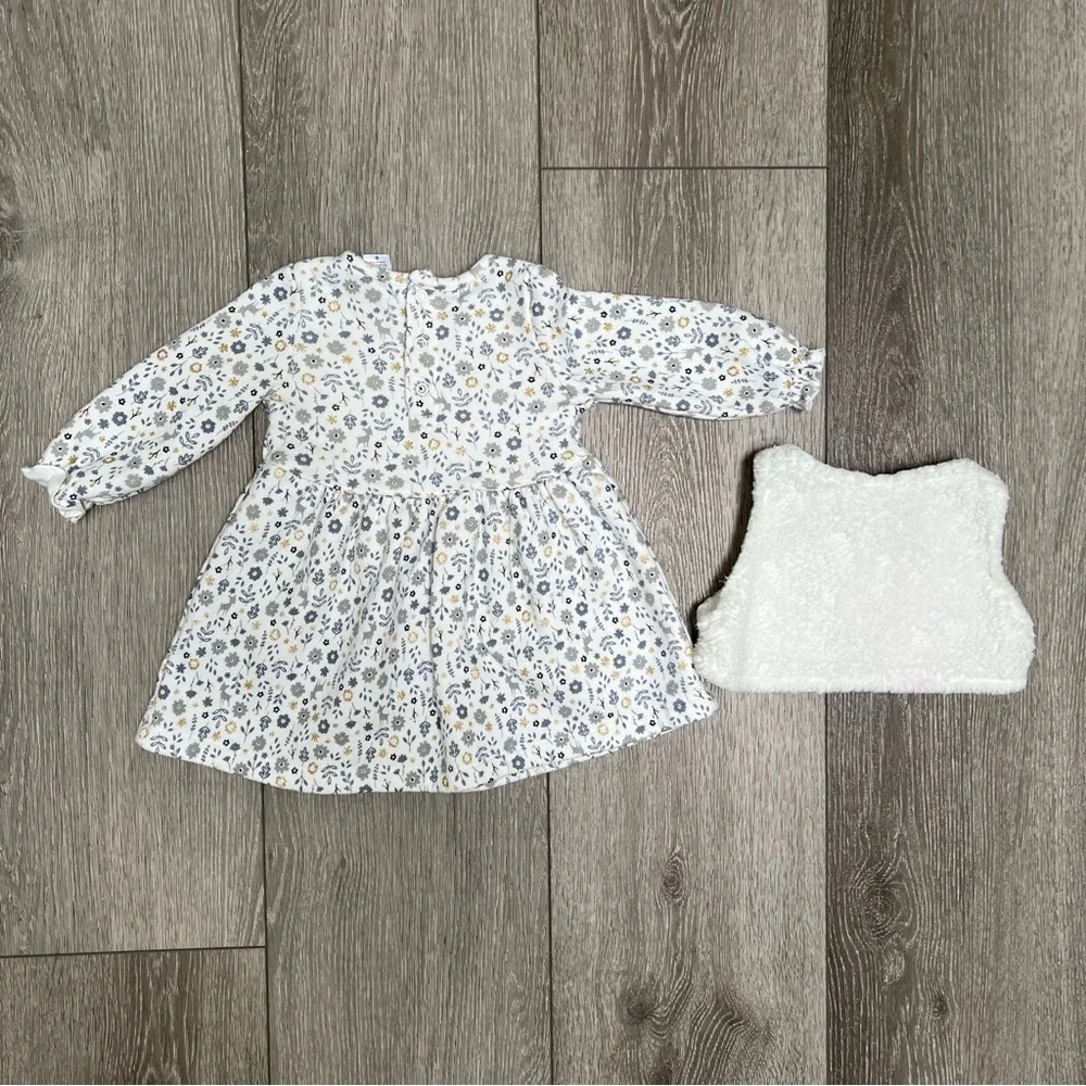 CARTERS 2PC FLEECE LINED LONG SLEEVE DRESS WITH SHERPA VEST 12MO